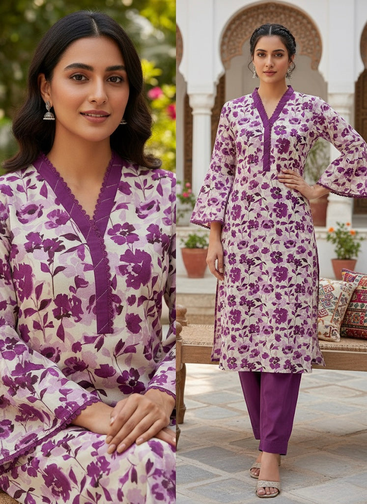 Elegant Plum Floral Print Lawn 2Pc Kurta Set