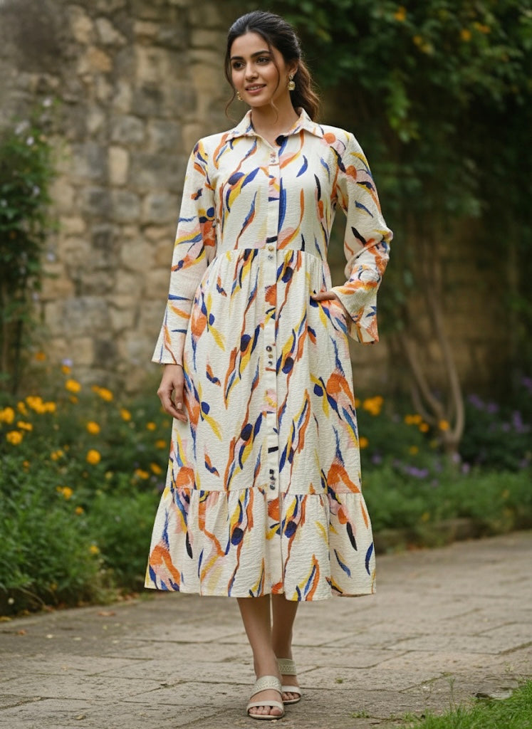 Long Sleeve Button-Front Printed Maxi Dress