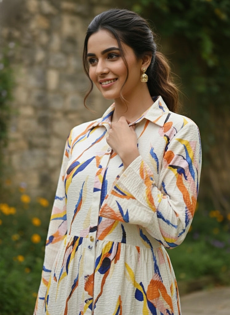 Long Sleeve Button-Front Printed Maxi Dress